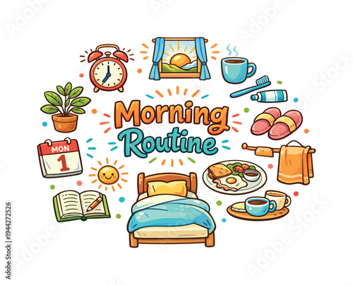 Morning Routine. Hand drawn illustration of Morning Routine. alarm clock, window with sunlight, coffee cup,