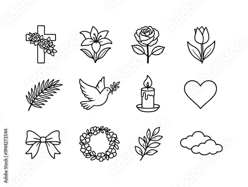 religious easter cross with flowers line drawing. Line outline icon set of religious easter cross with flowers