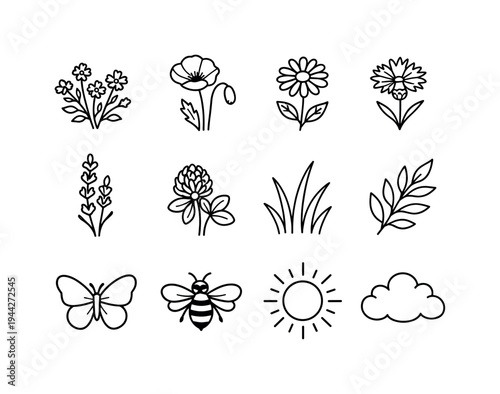 field flowers aesthetic line art. Line outline icon set of field flowers aesthetic line art: wildflower