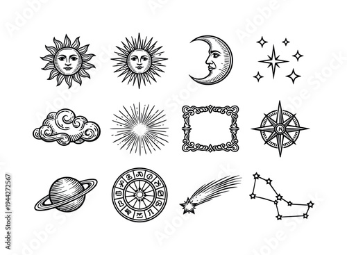 sun face antique engraving. Line outline icon set of sun face antique engraving: sun with human face, radiant
