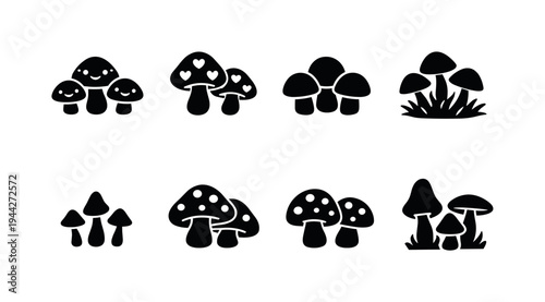 Cute toadstool outline icons. Filled icon set of Cute toadstool outline icons: smiling cap mushroom trio,