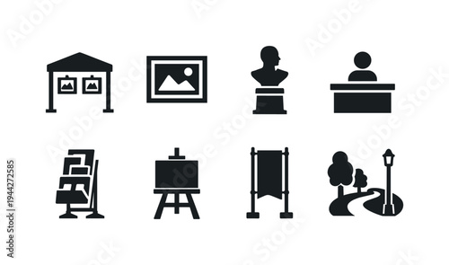 Outdoor Exhibition. Filled icon set of Outdoor Exhibition: gallery booth, framed artwork, sculpture pedestal,
