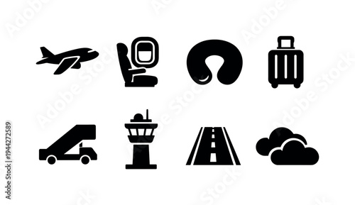 Flight Travel. Filled icon set of Flight Travel: airplane, window seat, travel pillow, carry on bag, boarding