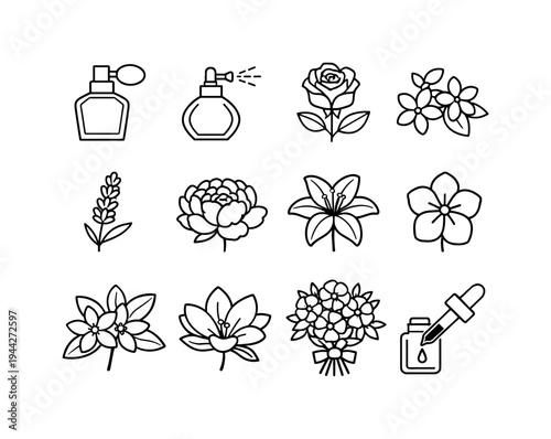 perfume flowers collage. Line outline icon set of perfume flowers collage: perfume bottle, atomizer spray,