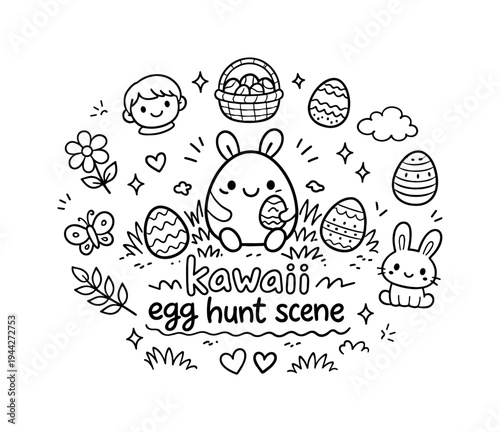 kawaii egg hunt scene. Hand-drawn doodle illustration of kawaii egg hunt scene. In the middle, one slightly