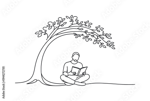 "Summer Shade Book". Minimalistic one-line drawing person cross-legged under curved tree canopy holding book
