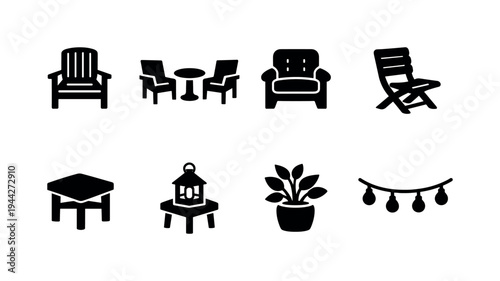 Evening Patio Chairs. Filled icon set of Evening Patio Chairs: patio chair, two chairs with small table, chair