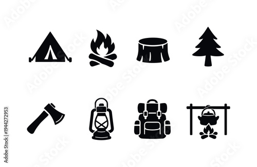 Forest Camp Pattern. Filled icon set of Forest Camp Pattern: tent, campfire, log stool, pine tree, axe,
