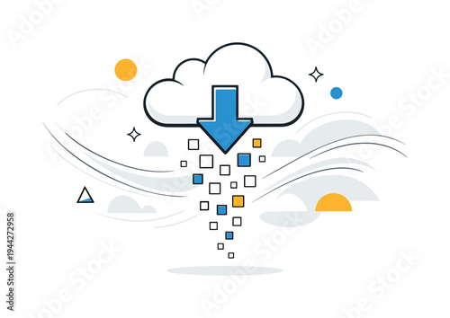 Cloud download scene. A minimal cloud shape floating above, bold arrow pointing downward from it, tiny data