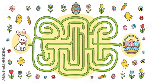 A colorful easter maze with cute animals and spring floral decorations