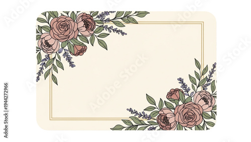 A floral border of roses and lavender surrounds a blank beige card.