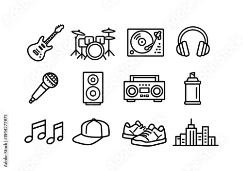 urban music culture concept. Line outline icon set of urban music culture concept: electric guitar, drum kit,