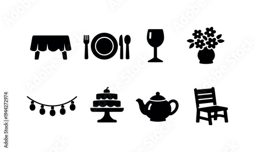 Garden Party Table Setup. Filled icon set of Garden Party Table Setup: outdoor table with tablecloth, plate