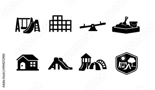 Children park outline collection. Filled icon set of Children park outline collection: swing and slide combo,