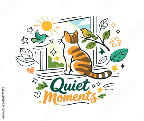 Spring Light and Cat. A curious cat sitting upright on the windowsill watching birds outside, sunlight