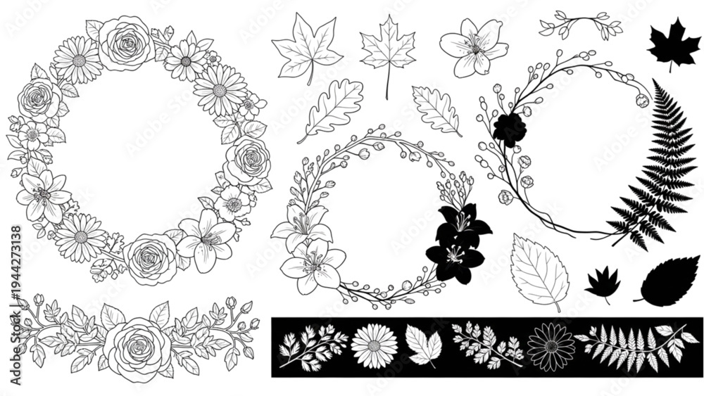 Obraz premium Various floral wreaths and leaves are arranged with some illustrations.