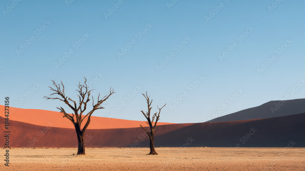 Fototapeta premium Dead leafless tree silhouette on arid desert plain under clear blue sky