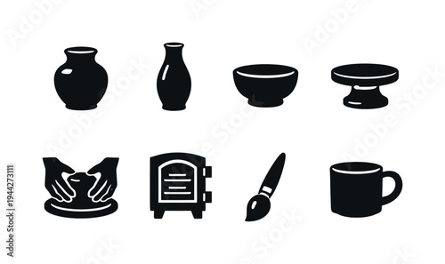 Handmade Pottery. Filled icon set of Handmade Pottery: clay pot, ceramic vase, pottery bowl, pottery wheel,