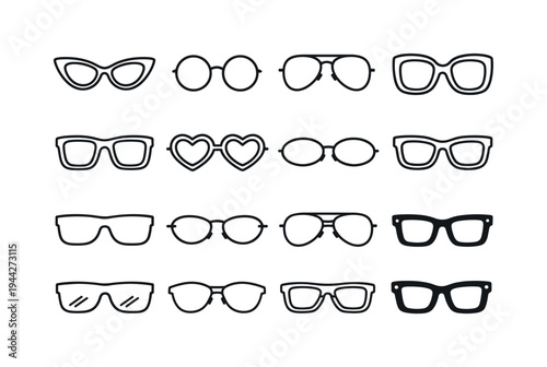 Retro Sunglasses Collection. retro sunglasses collage. Line outline icon set of retro sunglasses collage: cat