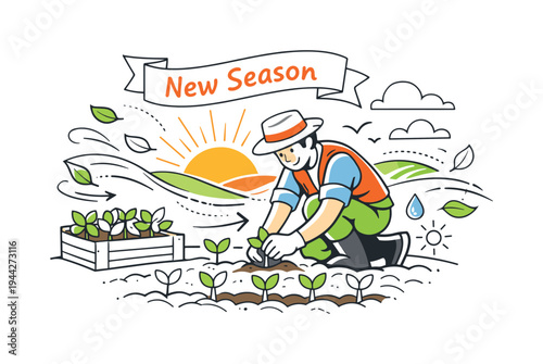 Agriculture Spring Planting. A farmer kneeling in fresh soil, carefully placing young seedlings into neat rows