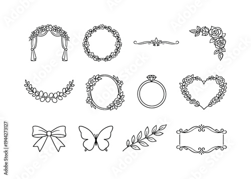 wedding floral decor frames. Line outline icon set of wedding floral decor frames: floral arch, round flower
