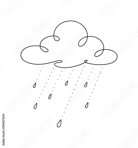 "Spring Shower". Minimalistic one-line drawing curved cloud releasing delicate raindrops in light scattered