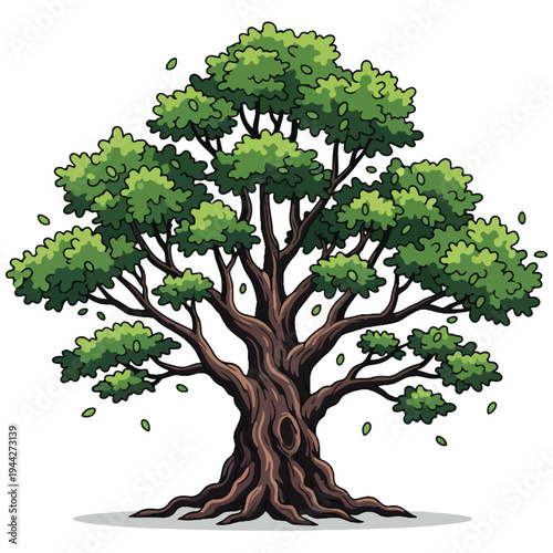 Cartoon Mature Oak Tree With Roots Vector Illustration