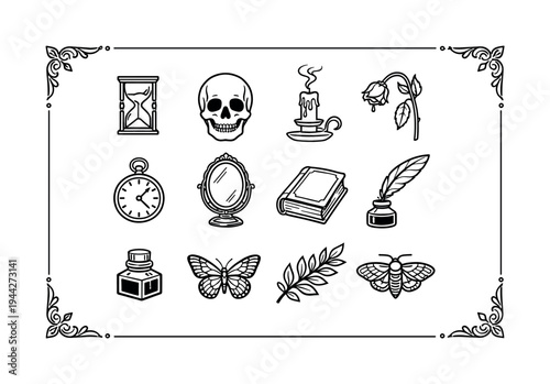 Vanitas Icon Set. Vanitas still life engraving. Line outline icon set of Vanitas still life engraving: