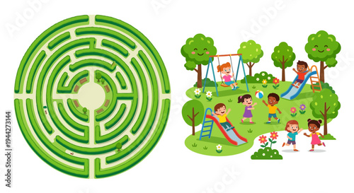 Colorful illustration of a green maze and children playing in a park