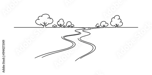 "Countryside Stream". Minimalistic one-line drawing narrow stream with curved banks and scattered tree shapes