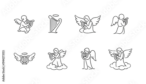 "Harp Angel". Minimalistic set one-line drawing angel playing harp, simple harp outline, angel with wings