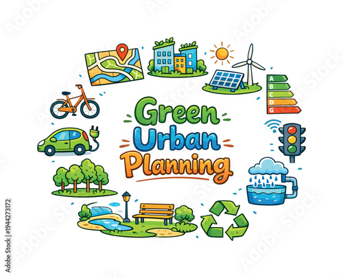Eco-Friendly City Design. Green Urban Planning. Hand drawn illustration of Green Urban Planning. city map, eco