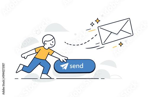 Sending a message scene. A minimal character tapping a send icon, a stylized envelope flying forward with