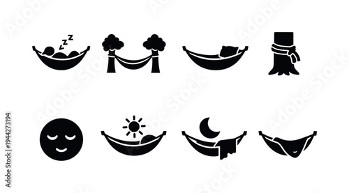 Nap in Hammock. Filled icon set of Nap in Hammock: person sleeping in hammock, hammock between trees, hammock