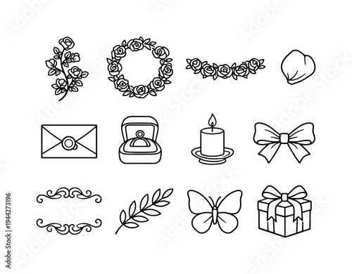 romantic rose collection. Line outline icon set of romantic rose collection: climbing rose, rose wreath, rose