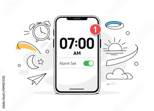 Digital alarm interface. A smartphone displaying a minimal alarm app screen with bold numbers and a glowing