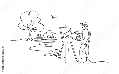"Creative Park Moment". Minimalistic one-line drawing painter capturing scenery on easel with flowing