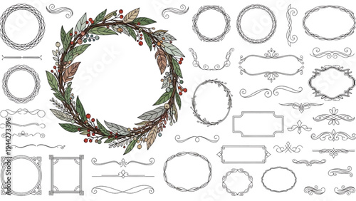 A Christmas wreath made of leaves and berries surrounded by various ornate frames and illustrations.