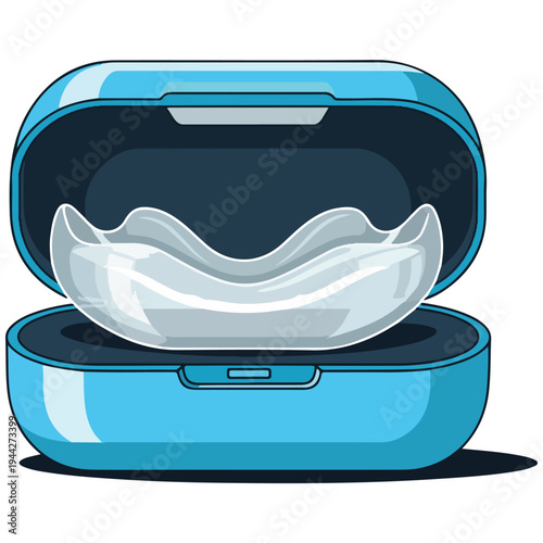 clear teeth mouth guard with blue carrying case flat vector illustration
