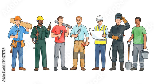 Diverse group of construction workers standing in a row tools in hand