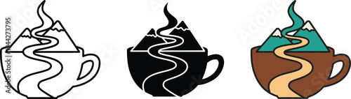 A set of three vector illustrations of coffee cups with mountain ranges inside.