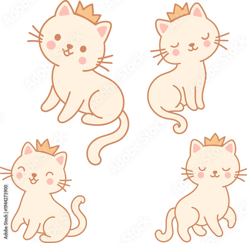 Kawaii princess cat sticker set. Cute beige kitten