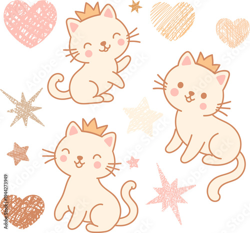 Kawaii princess cat sticker set. Cute beige kitten characters with golden crowns in various poses. This pastel nursery vector illustration collection includes adorable animals for digital planners and