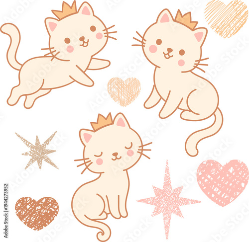 Kawaii princess cat sticker set. Cute beige kitten characters with golden crowns in various poses. This pastel nursery vector illustration collection includes adorable animals for digital planners and