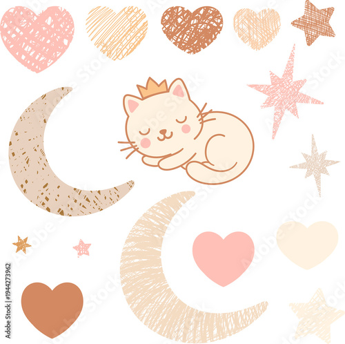 Kawaii princess cat sticker set. Cute beige kitten characters with golden crowns in various poses. This pastel nursery vector illustration collection includes adorable animals for digital planners and