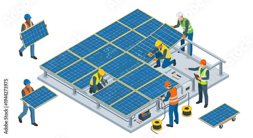 Workers installing solar panels on a large rooftop system