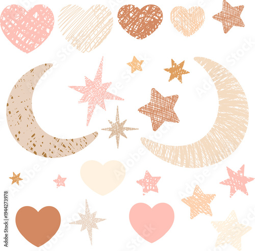 Hearts, and stars. This pastel nursery baby illustration collection for digital planners and scrapbooking.