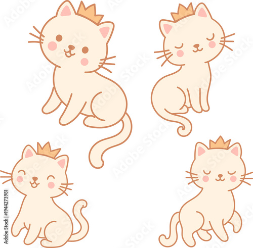 Kawaii princess cat sticker set. Cute beige kitten characters with golden crowns in various poses. This pastel nursery vector illustration collection includes adorable animals for digital planners and