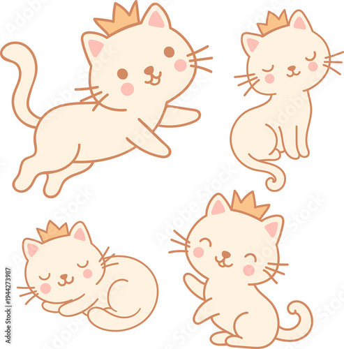 Kawaii princess cat sticker set. Cute beige kitten characters with golden crowns in various poses. This pastel nursery vector illustration collection includes adorable animals for digital planners and