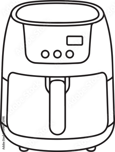 A line drawing of an air fryer with a digital display